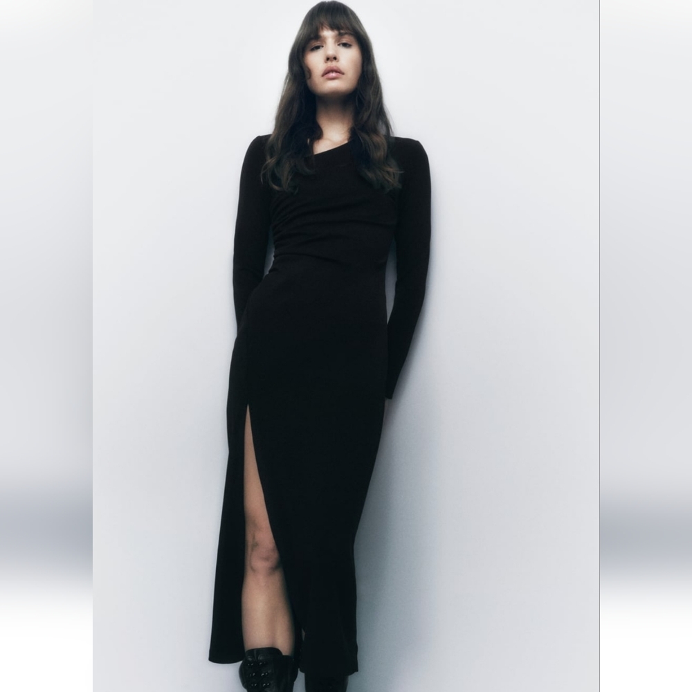 Zara Asymmetric Neck Black Dress Long Sleeve size medium M